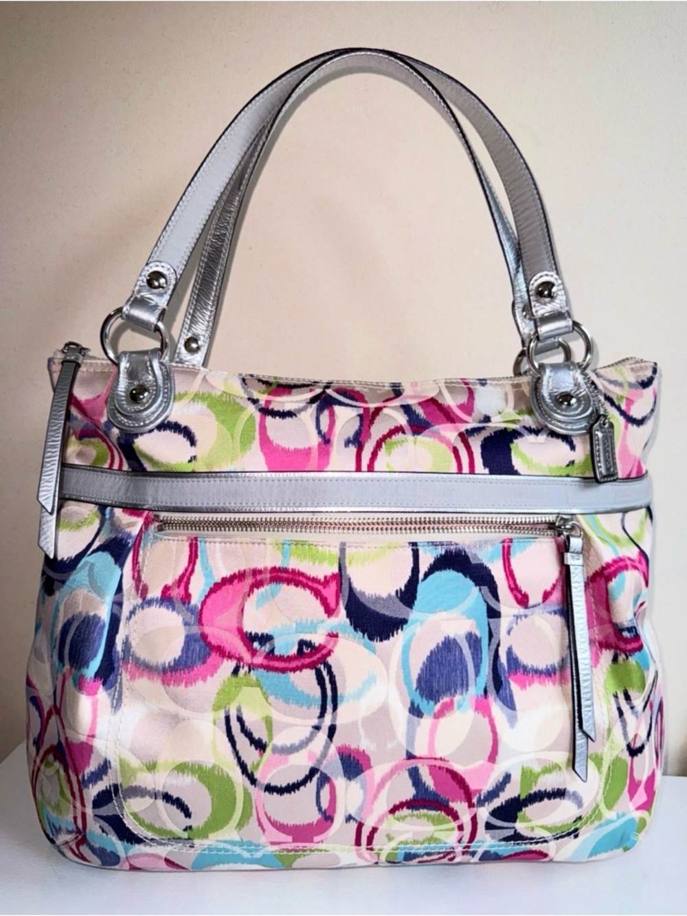 Coach Poppy Ikat Signature C Glam Tote Silver Leather Trim